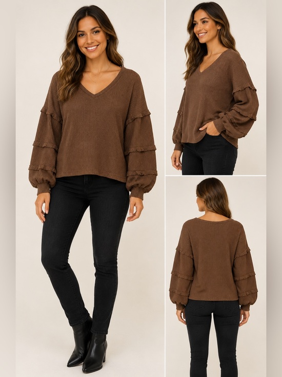 Cupshe Sweaters - CUPSHE Brown Micro-Ruffle Puff Sleeve Waffle Knit Sweater Top Size S NWT